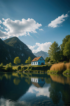 Beautiful mountain lake with a blue house in the middle of itの素材