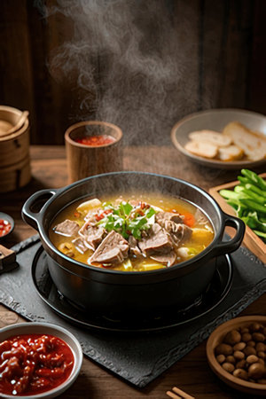 Beef noodle soup in a pot on wooden backgroundの素材