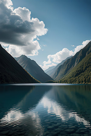 Beautiful mountain landscape with lake and clouds reflected in the water.の素材