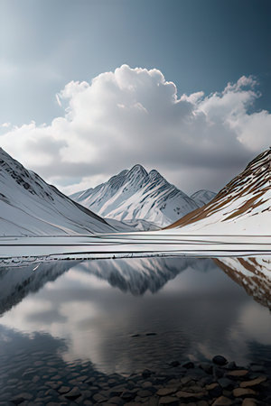Beautiful mountain landscape with snow and reflection in the lake. 3d renderingの素材