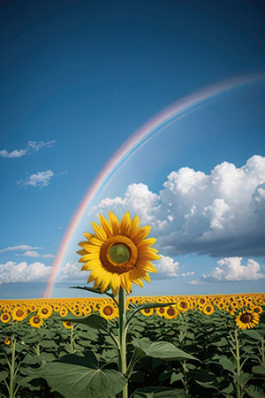 Sunflower field with rainbow in the blue sky. Nature background.の素材