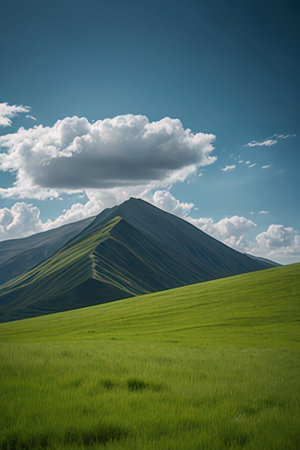 Beautiful mountain landscape with green grass and blue sky with clouds.の素材