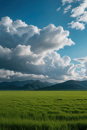 Green field and cloud in the blue sky with mountain background.の素材