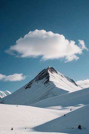 beautiful alpine landscape with snow covered mountains and blue sky with cloudsの素材
