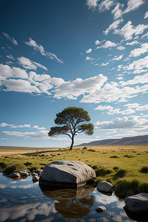 Lonely tree reflected in a puddle on a hillsideの素材