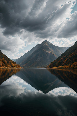 Mountains reflected in the lake. Dramatic sky.の素材