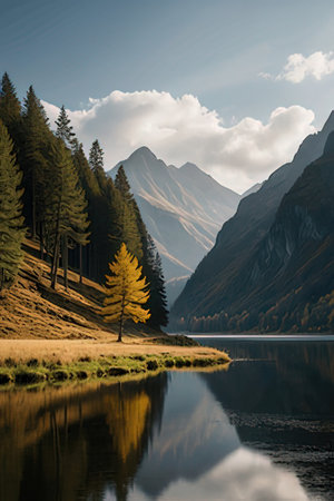 Beautiful autumn landscape in the mountains. Lake in the mountains.の素材