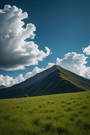 Mountain landscape with grass and blue sky with clouds. Caucasus, Russiaの素材