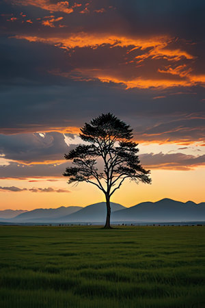 Lonely tree in the rice field with mountain background, Thailand.の素材