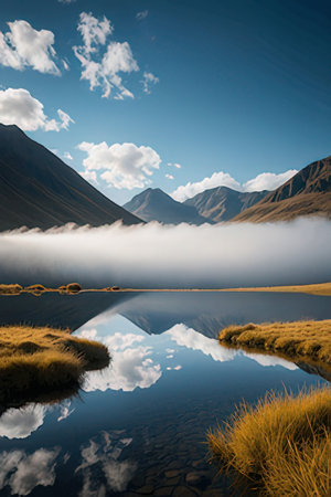 Landscape of mountain lake with reflection in the water, New Zealandの素材