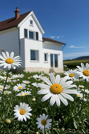 White daisies in front of a house in the countryside.の素材