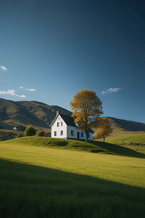 Small white house on the hillside in the countrysideの素材