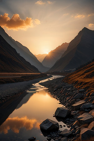 Sunset over the river in mountains. Altai, Siberia, Russiaの素材