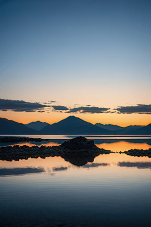 Sunset on the lake with mountains in the background. Toned.の素材