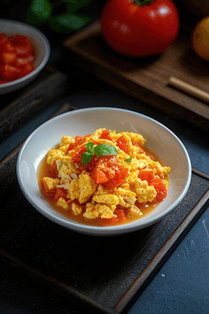 Scrambled eggs with tomatoes and basil in a bowl on a dark backgroundの素材
