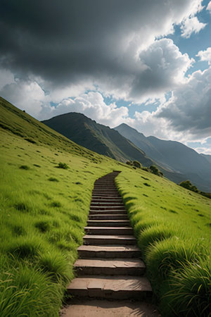 Staircase in the grassland with cloudy sky and mountain backgroundの素材