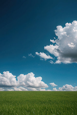 Green field and blue sky with white clouds. Nature background with copy space.の素材