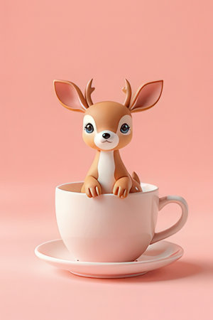 Cute cartoon deer in a cup of coffee. 3d renderingの素材