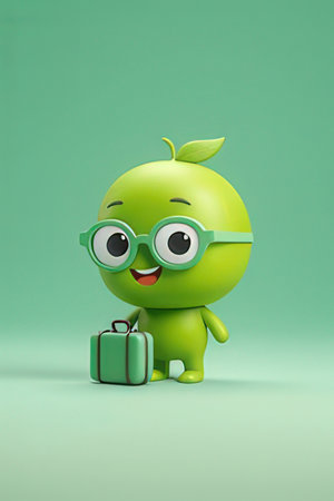Cute green apple character wearing glasses and holding a briefcase on green backgroundの素材