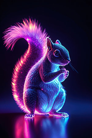 Squirrel in neon light on a black background. 3d renderingの素材