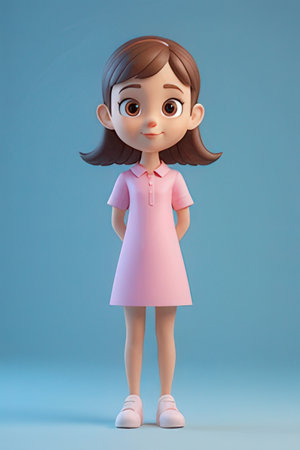 3d illustration of a cute little girl with pink dress on blue backgroundの素材
