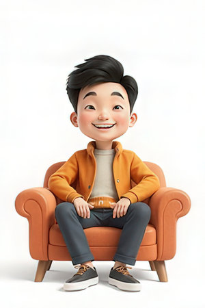 3d illustration of cute asian boy sitting on an armchairの素材