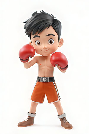 3D Render of a Little Boy with Boxing Gloves on White Backgroundの素材