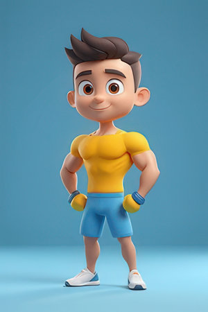 3D illustration of a cartoon character with boxing gloves and a yellow shirtの素材