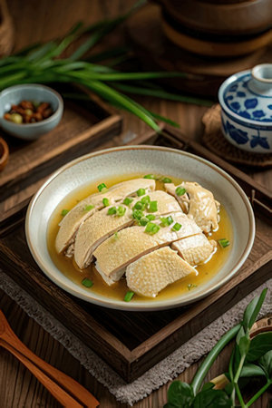 Hainanese chicken soup in a bowl on a wooden tableの素材