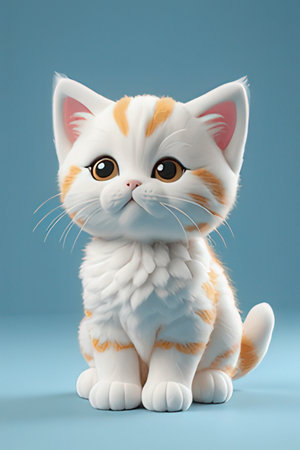 Cute cat isolated on blue background. 3D rendering. Cartoon style.の素材