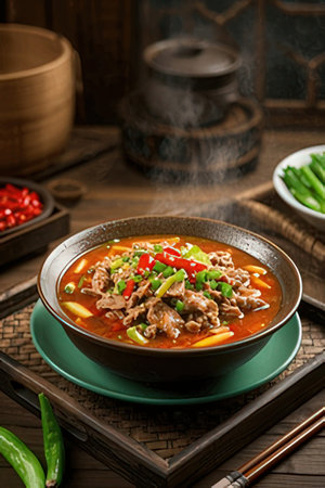 Bowl of spicy beef noodle soup with chili and green peppersの素材