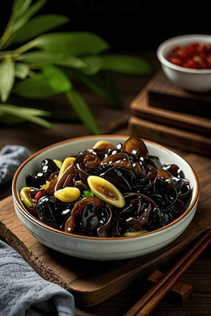 Braised Black Mushrooms in Black Sauce, Asian Food Style.の素材