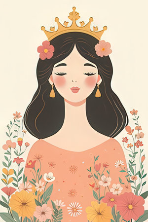Beautiful woman with crown and flowers. Vector illustration in retro style.の素材