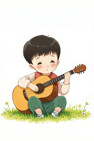 Illustration of a young boy playing guitar sitting on the grass.の素材