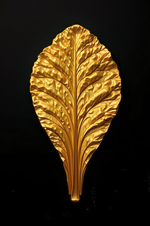 Golden leaf isolated on black background. 3D illustration. 3D rendering.の素材