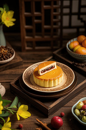 Close up of orange cake on wooden table. Toned.の素材