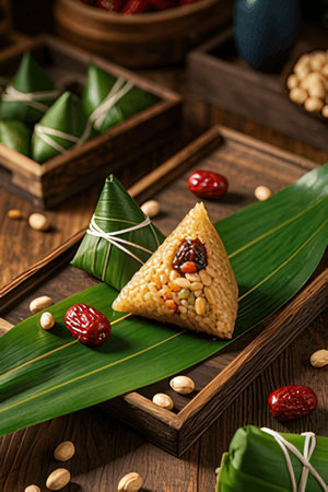 Zongzi or glutinous rice dumplings on wooden backgroundの素材