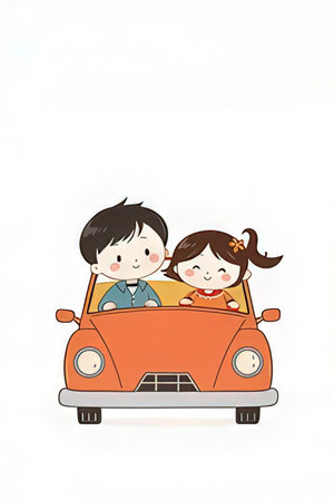 Couple in a retro car on white background. Vector illustration.の素材