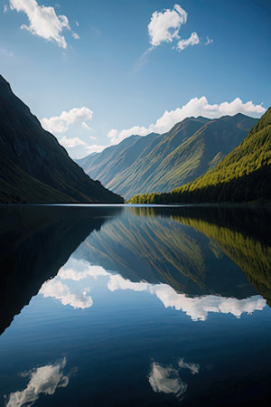 Mountain lake with reflection in the water. Altai, Siberia, Russiaの素材