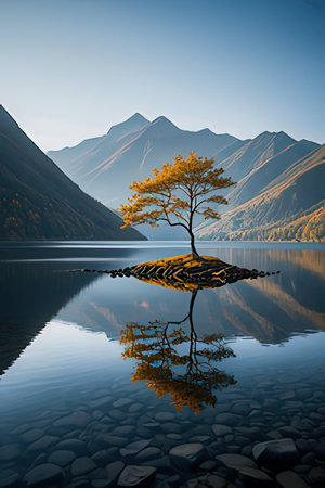 Lonely tree in the middle of a mountain lake with reflectionの素材