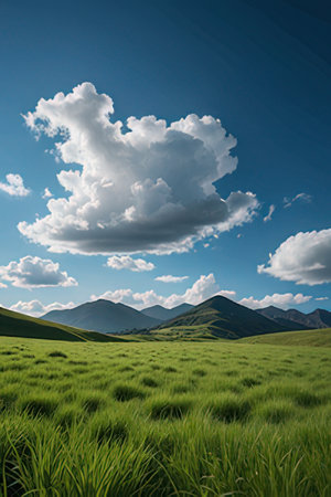 Landscape of grassland and mountains under blue sky with white cloudsの素材