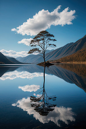 Lonely pine tree reflected in a lake in New Zealand.の素材
