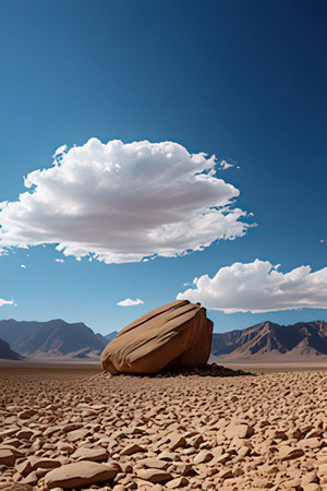 Rock in the middle of the desert with blue sky and white cloudsの素材