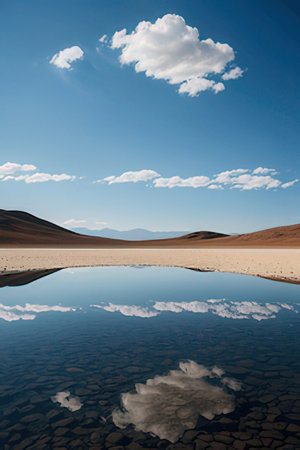 Reflection of clouds and blue sky in the lake in the desertの素材