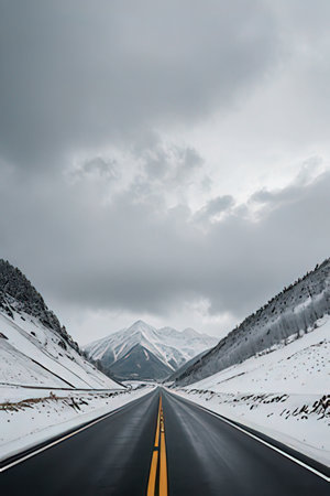 Highway in snow covered mountains in Alaska, United States of Americaの素材