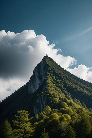 Mountain landscape with green forest and blue sky.の素材