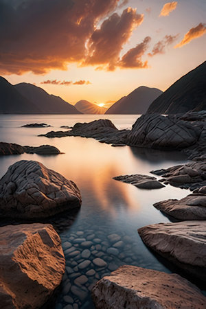 Beautiful sunset over the sea with rocks and mountains in the backgroundの素材