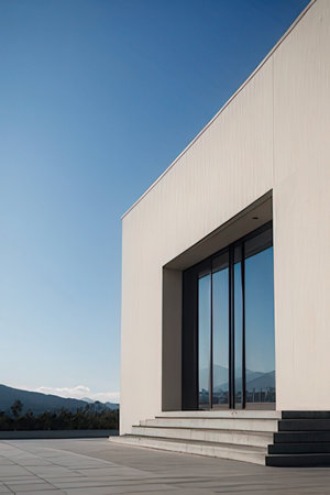 Modern architecture, white wall and blue sky background, wide angle viewの素材