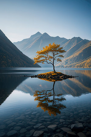 Lonely tree on the shore of a mountain lake at sunsetの素材