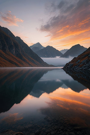 Mountains reflected in a lake at sunset. Mountain lake in the mountains.の素材